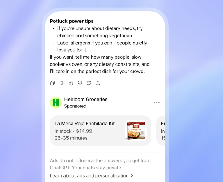 Live ChatGPT ad showing Heirloom Groceries sponsored product card with La Mesa Roja Enchilada Kit, price, and in-stock status below a conversation response