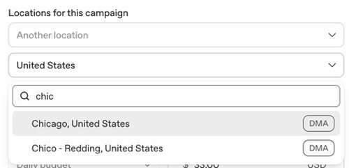 ChatGPT Ads Manager location targeting showing DMA search with Chicago and Chico-Redding results