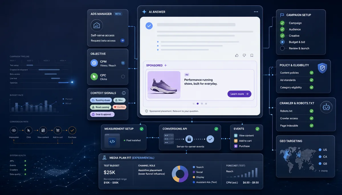 Comprehensive infographic showing the ChatGPT ads operating model including Ads Manager interface, CPM and CPC objectives, context signals targeting, conversion path from impression to purchase, measurement setup with pixel and Conversions API, policy and eligibility checks, and geographic targeting