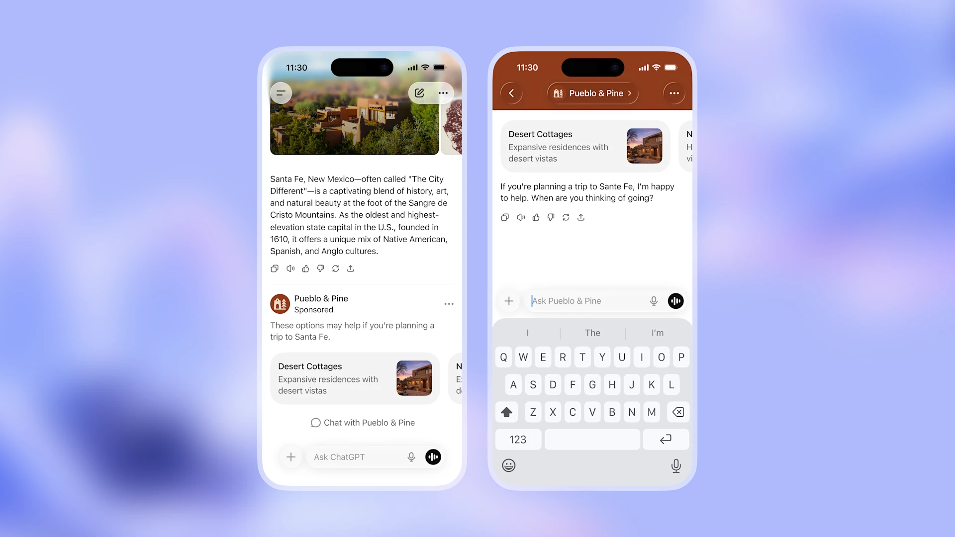 Two mobile phone screens showing a ChatGPT sponsored ad from Pueblo and Pine for Desert Cottages appearing below a travel response about Santa Fe, with a Chat with Pueblo and Pine button