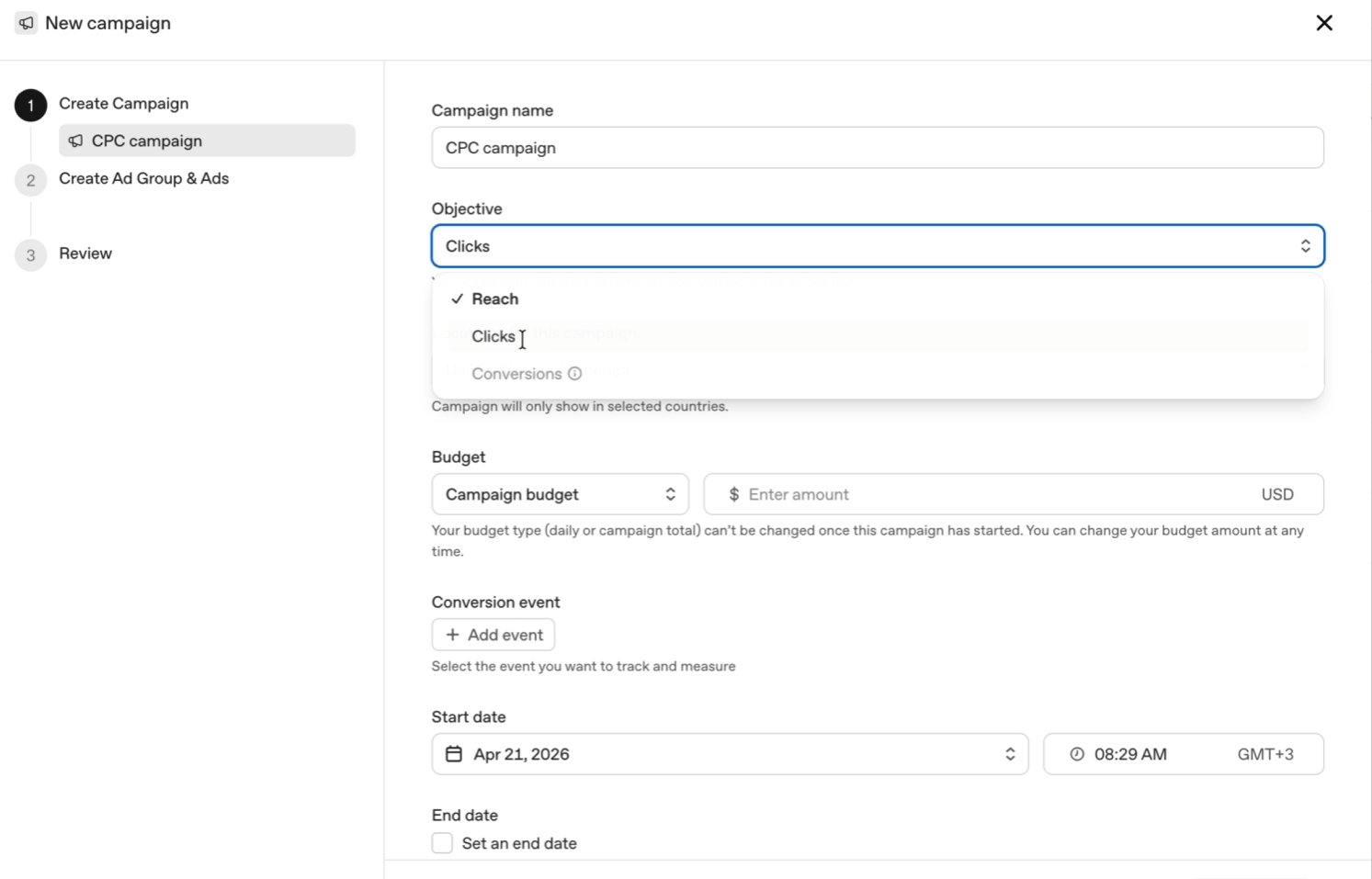 ChatGPT self-serve ads manager showing campaign creation with CPC objective, budget settings, conversion events, and start date of April 21 2026