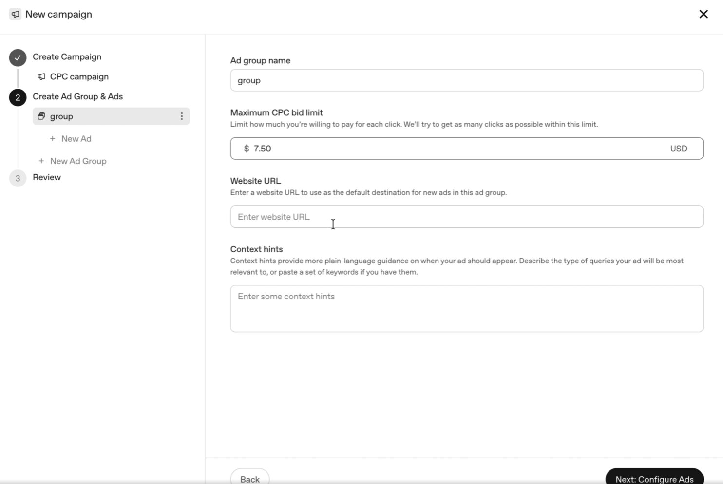 ChatGPT ads manager Ad Group configuration showing maximum CPC bid limit of $7.50, website URL field, and context hints targeting