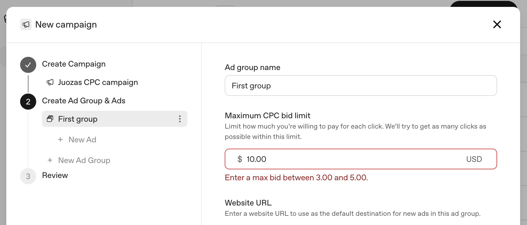 ChatGPT ads manager showing a validation error when entering a $10 CPC bid, with red text stating Enter a max bid between 3.00 and 5.00