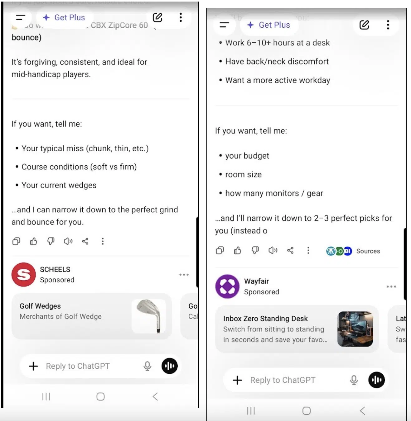 Two side-by-side mobile screenshots showing ChatGPT sponsored ads from Scheels for golf wedges and Wayfair for standing desks, with product images and pricing