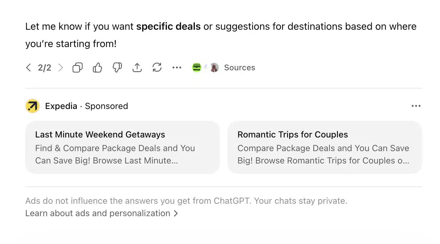 Expedia sponsored ad appearing below a ChatGPT travel response on desktop, with a disclaimer stating ads do not influence answers