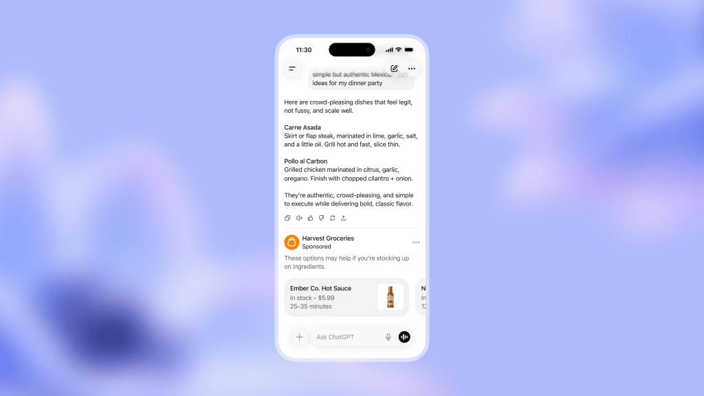 OpenAI official mockup showing a sponsored Harvest Groceries product card appearing below a ChatGPT recipe response on mobile