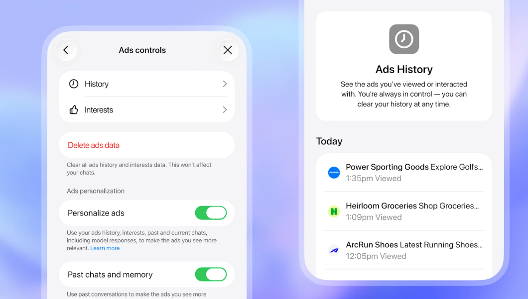 ChatGPT Ads Controls panel showing History, Interests, Delete ads data, Personalize ads toggle, and Ads History with viewed ads from Power Sporting Goods, Heirloom Groceries, and ArcRun Shoes