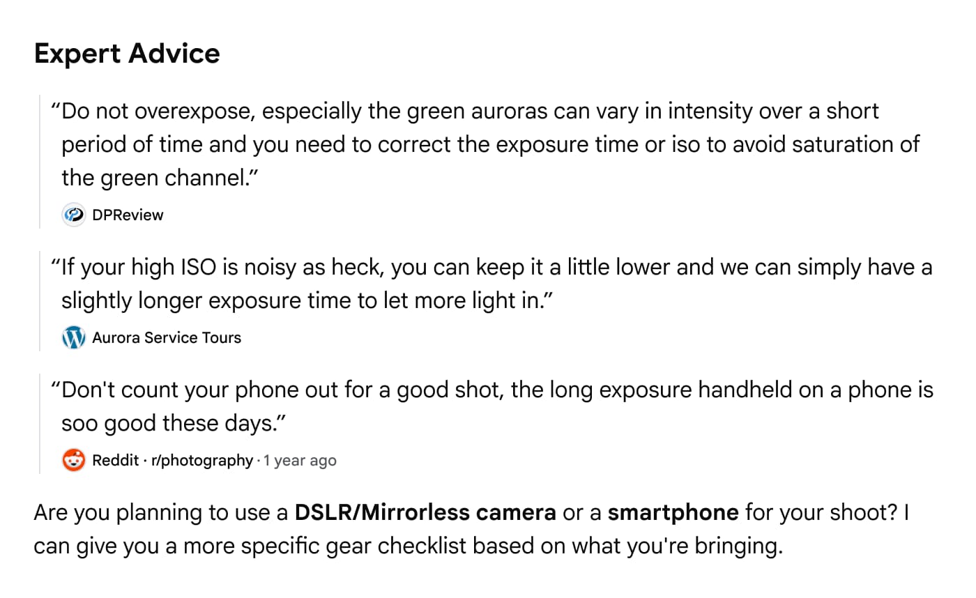 Google AI response showing Expert Advice section with quotes from DPReview, Aurora Service Tours, and Reddit r/photography with creator attribution