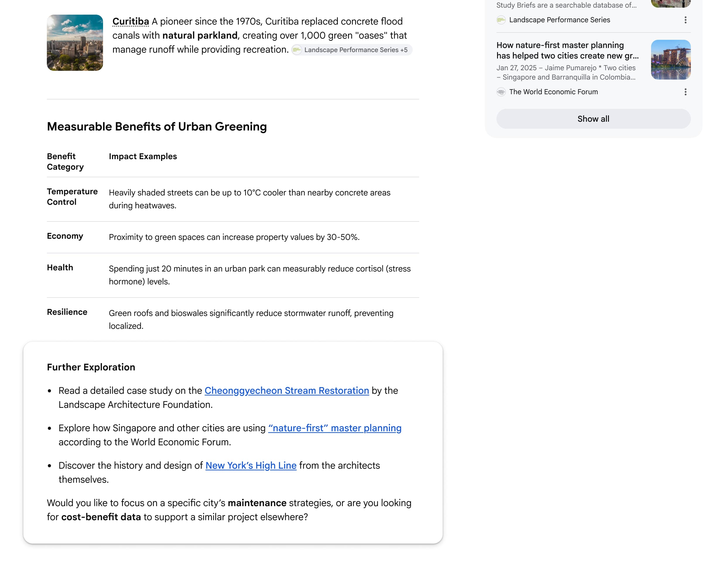 Google AI response with a Further Exploration section at the bottom showing suggested articles from Landscape Architecture Foundation and World Economic Forum