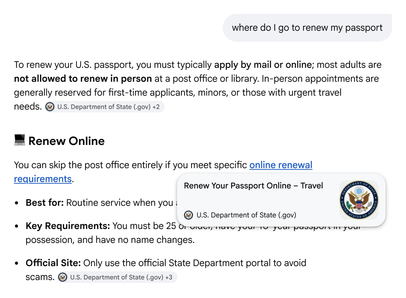 Google AI Mode showing a website preview popup when hovering over an inline link to the U.S. Department of State passport renewal page