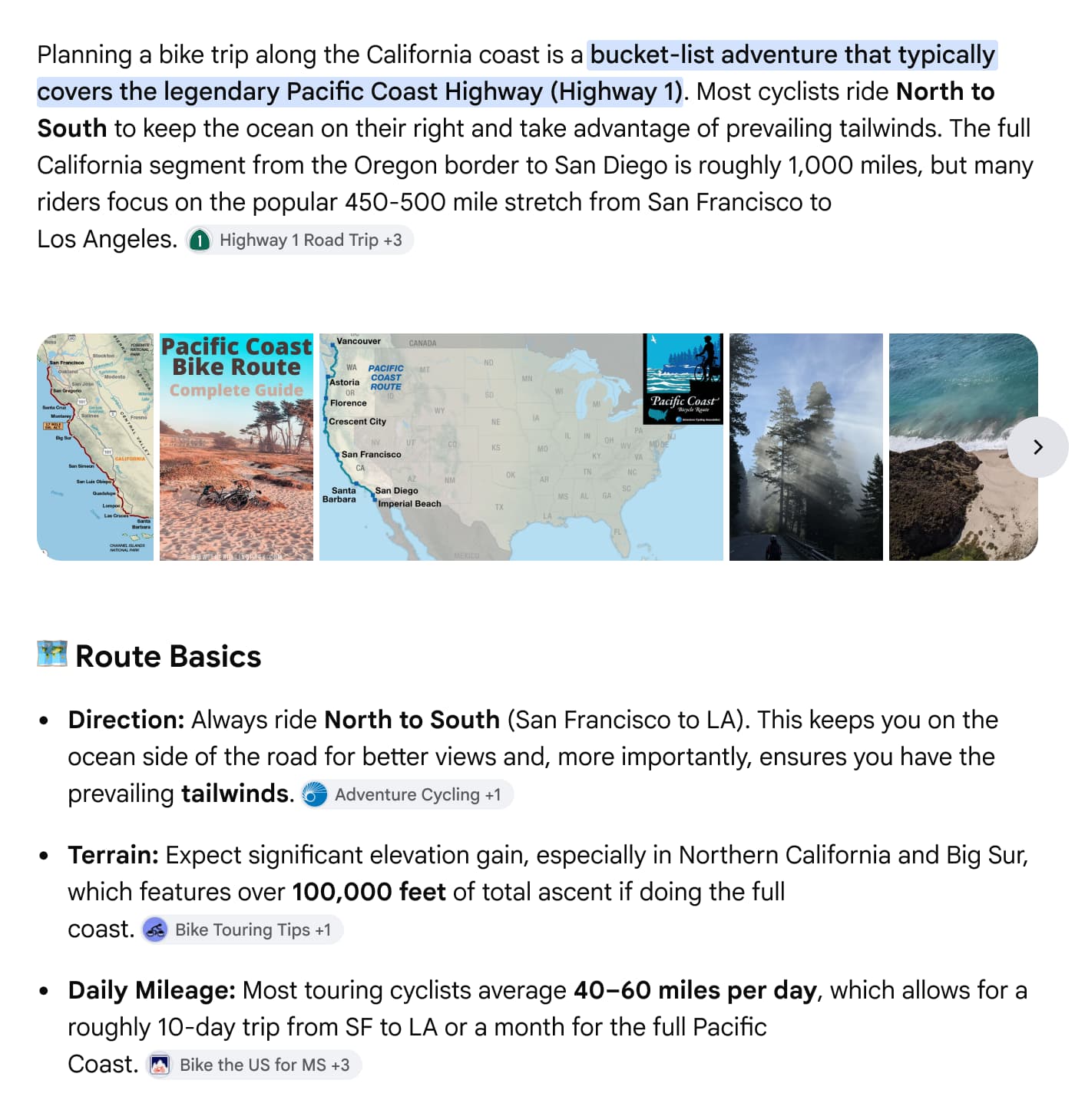Google AI Mode response about bike touring with inline source links placed next to relevant text, showing Adventure Cycling, Bike Touring Tips, and other sources